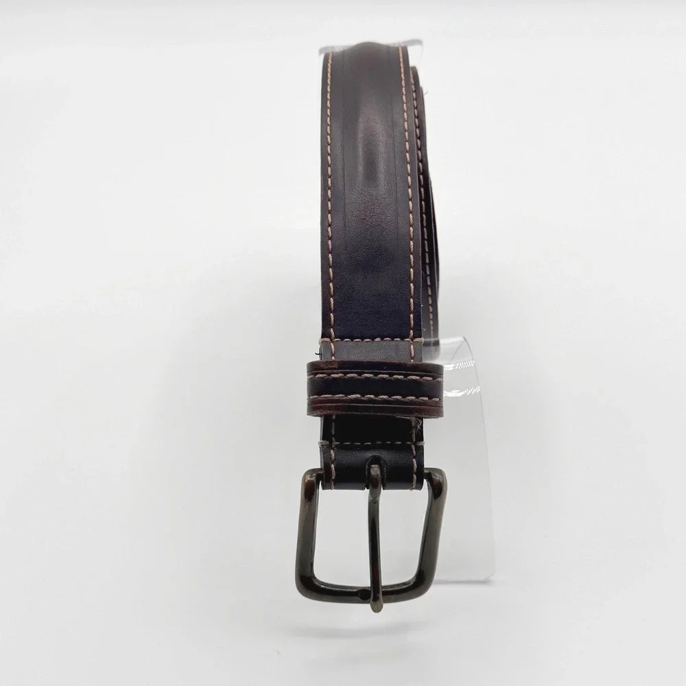 Mens 34 Brown Leather Belt Antique Brass Buckle Double Stitch Career‎ Classic